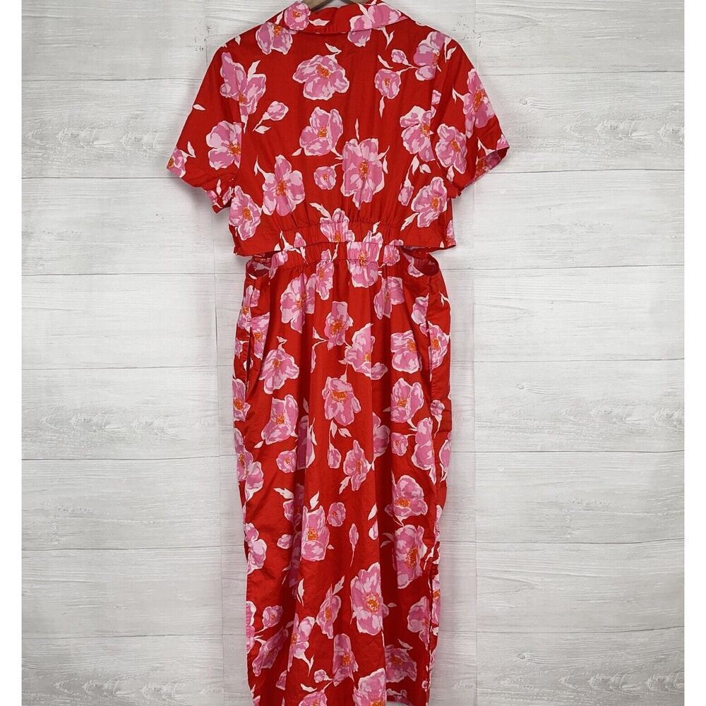 Old Navy Cutout Midi Shirt‎ Dress Women XL Red Floral Short Sleeve Button Collar - Picture 7 of 15